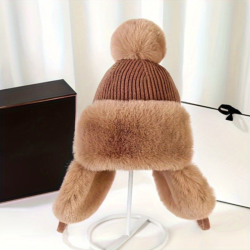 Bonnet Aviateur Tricoté avec Pompon Et Couvre-Oreilles pour Femmes | Idéal pour L’Hiver