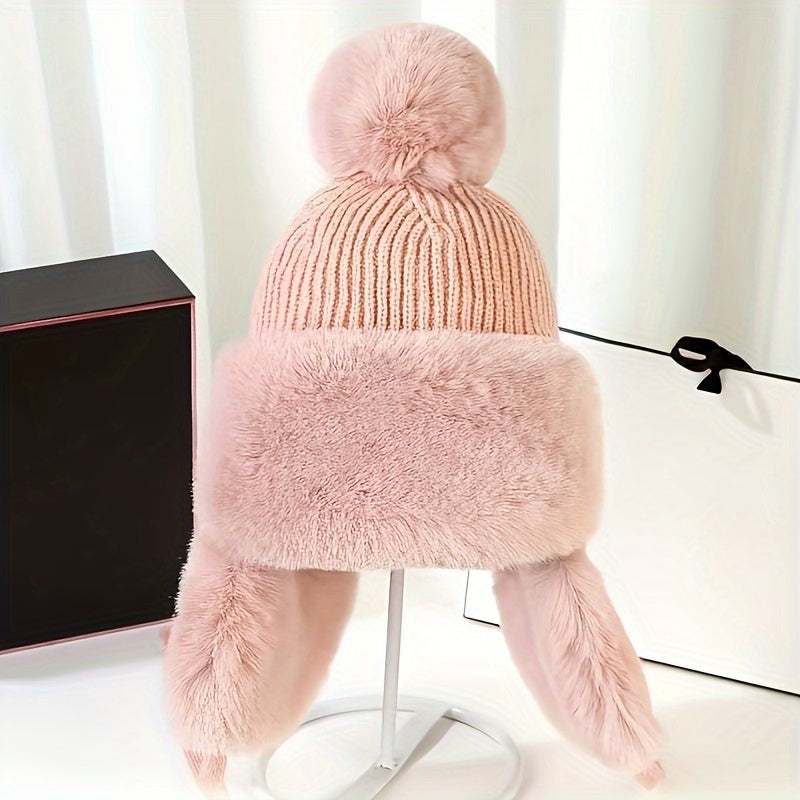 Bonnet Aviateur Tricoté avec Pompon Et Couvre-Oreilles pour Femmes | Idéal pour L’Hiver