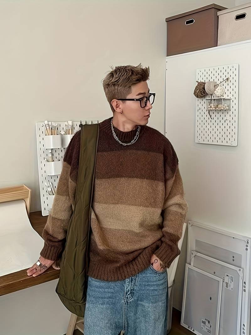 Pull À Col Rond avec Motif Color Block pour Homme | Idéal pour L’Automne Et L’Hiver