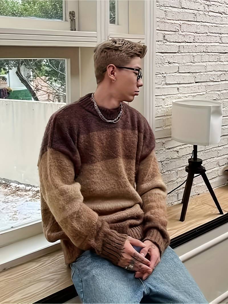 Pull À Col Rond avec Motif Color Block pour Homme | Idéal pour L’Automne Et L’Hiver