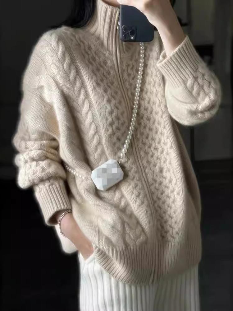 Cardigan Zippé à Col Roulé Avec Motif Torsadé Pour Femme | Idéal Pour la Saison Hivernale